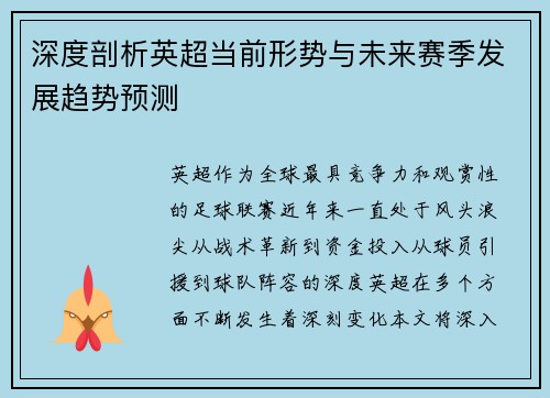 深度剖析英超当前形势与未来赛季发展趋势预测