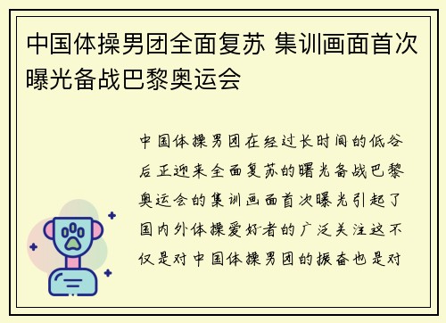中国体操男团全面复苏 集训画面首次曝光备战巴黎奥运会