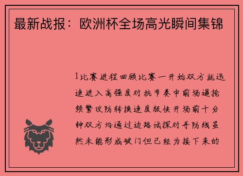最新战报：欧洲杯全场高光瞬间集锦